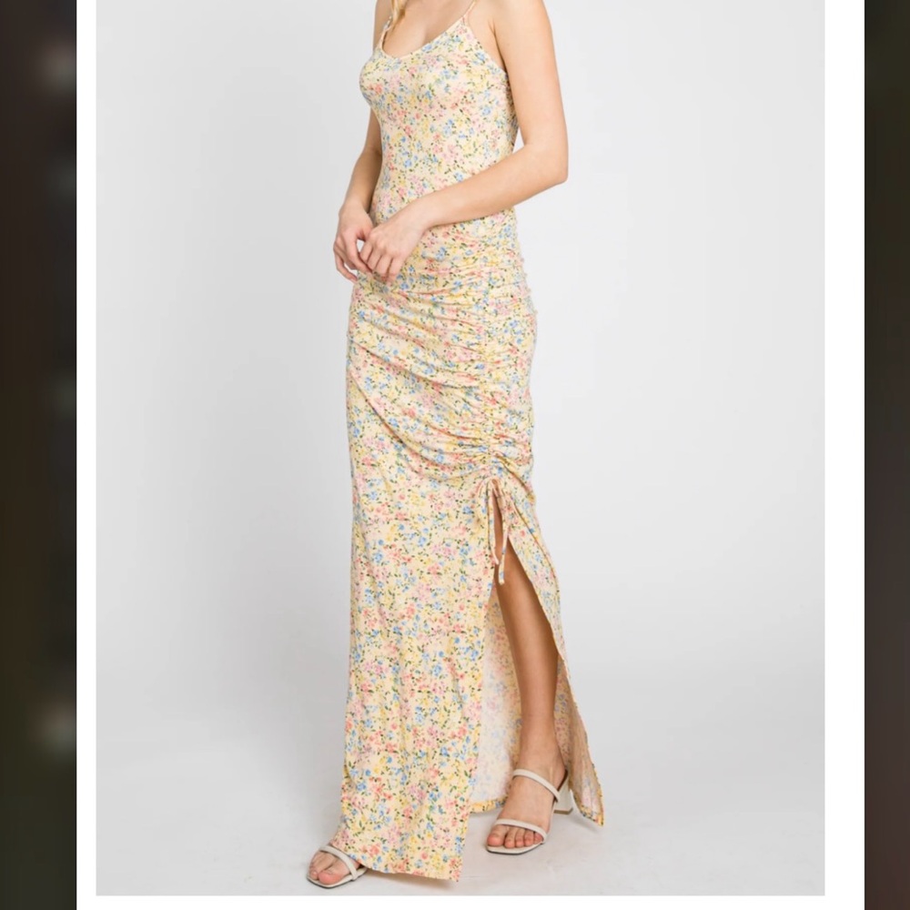 Pink Blush Yellow Floral Side Slit Ruched Maxi Dress